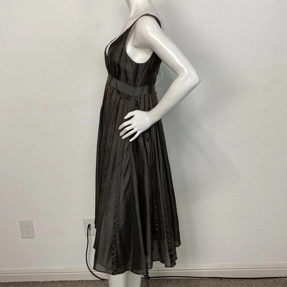 Zara Dark Pewter Deep V-Neck Silk Linen Blend Pleated Academia Midi Dress Size S - Picture 3 of 8